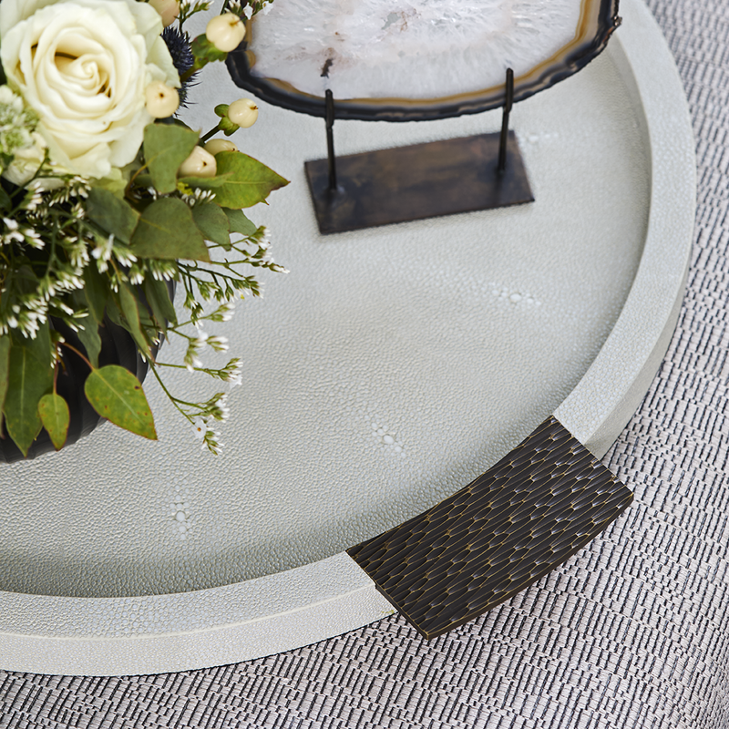 NEW Round Shagreen & Metal Serving Tray - Linen